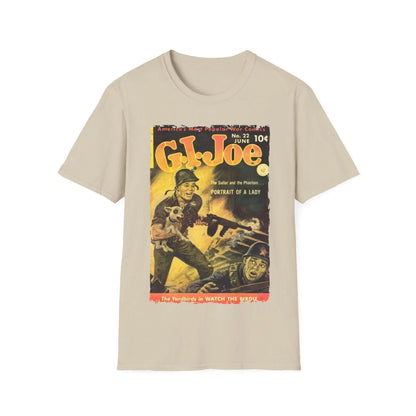 Close-up of the G.I. Joe No.22 softstyle T-shirt’s chest label featuring bold logo and durable stitching detail, shown from
