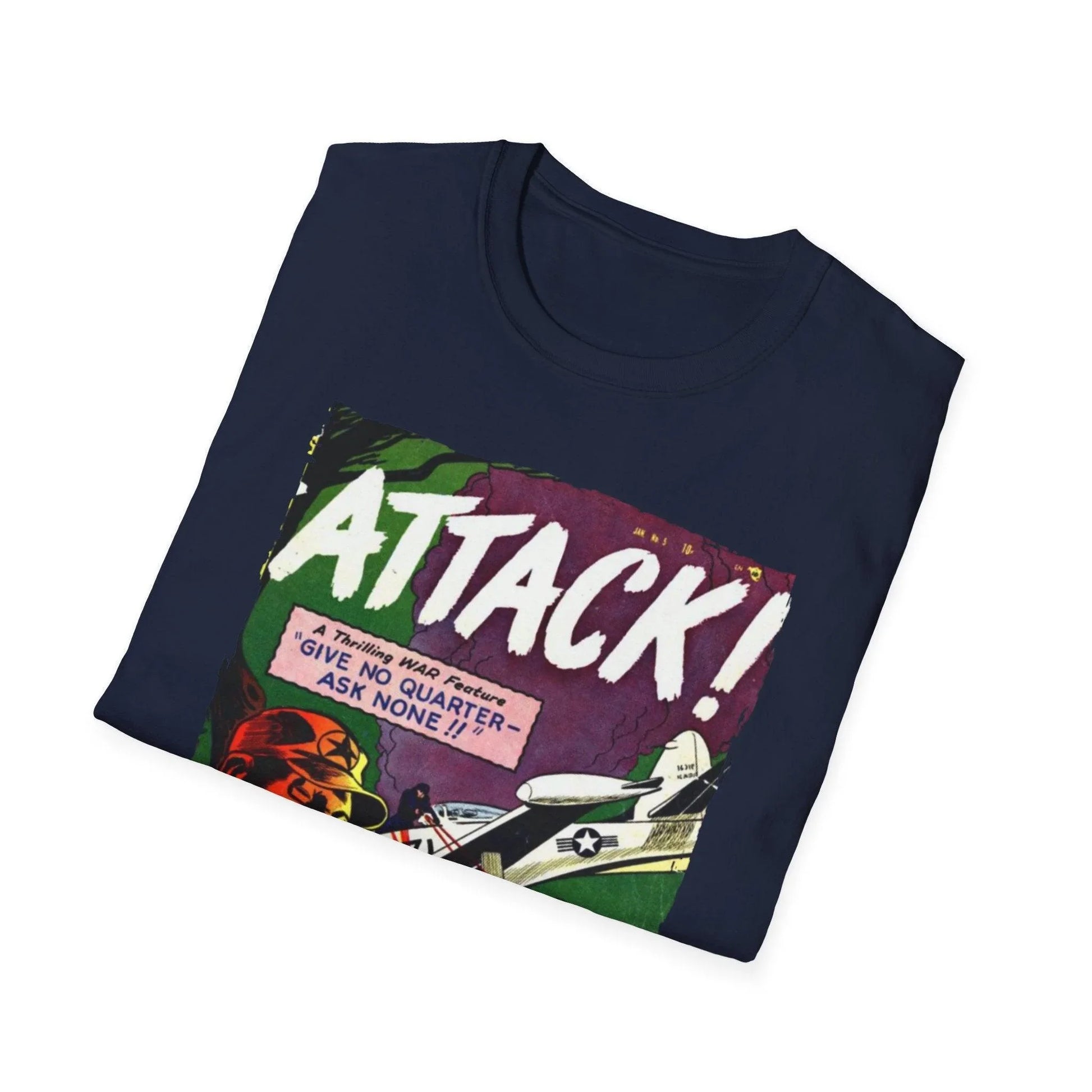 Close-up of the Attack! No. 5 unisex softstyle T-shirt's hem featuring neat stitching and subtle fabric texture in navy blue.