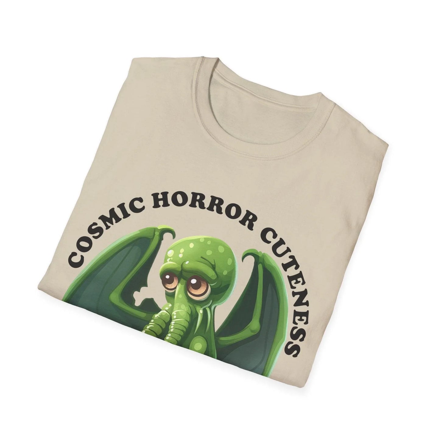 Close-up of the Cosmic Horror Cuteness T-shirt's vibrant purple fabric with subtle horror-themed print accents near the