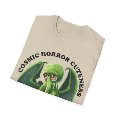Close-up of the Cosmic Horror Cuteness T-shirt's vibrant purple fabric with subtle horror-themed print accents near the
