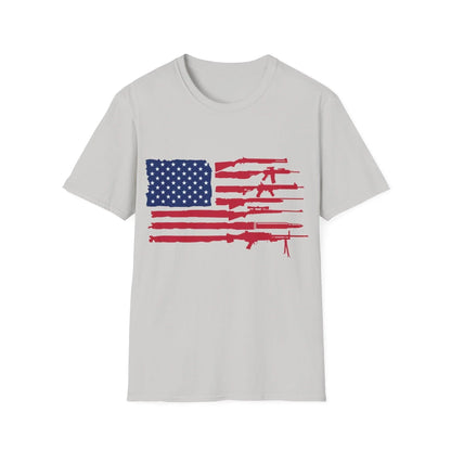 Close-up of the unisex relaxed-fit Black American Flag Guns color T-shirt displaying the soft fabric texture and subtle