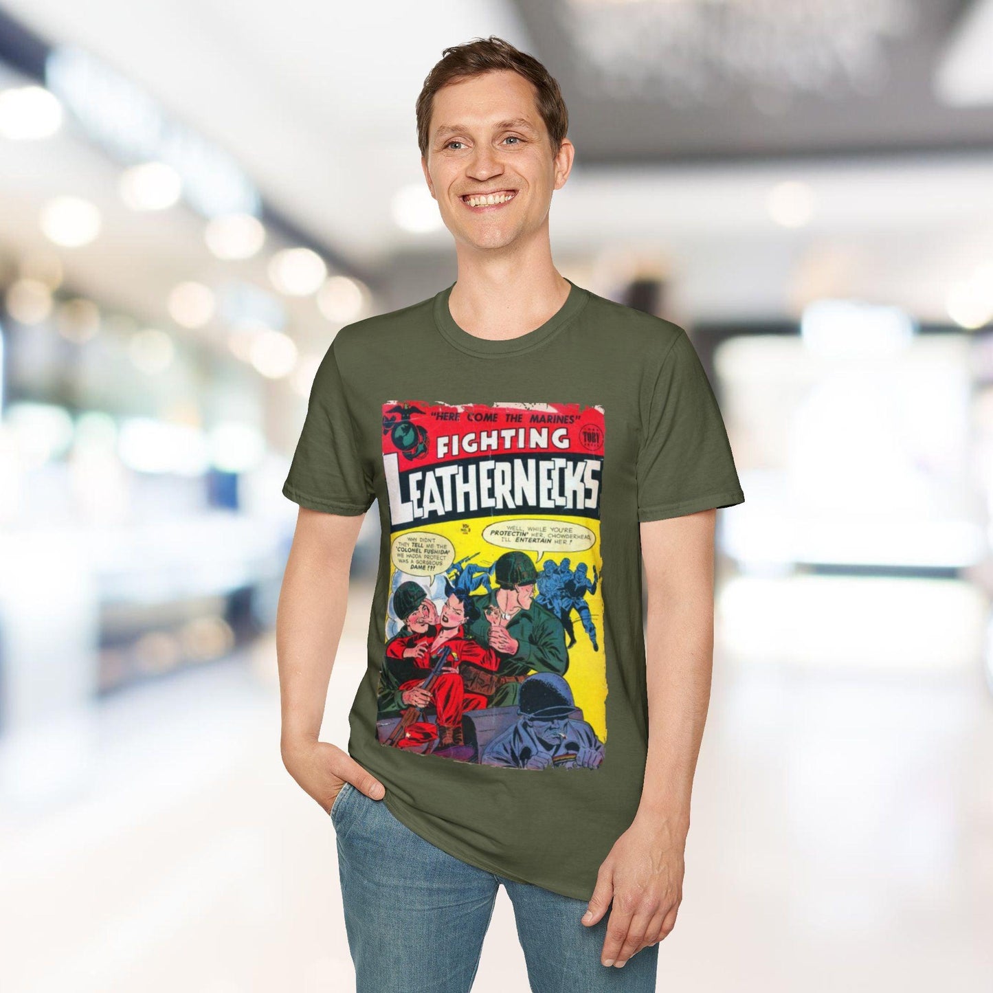 Front neckline detail showing reinforced stitching and smooth fabric texture in navy unisex softstyle T-shirt