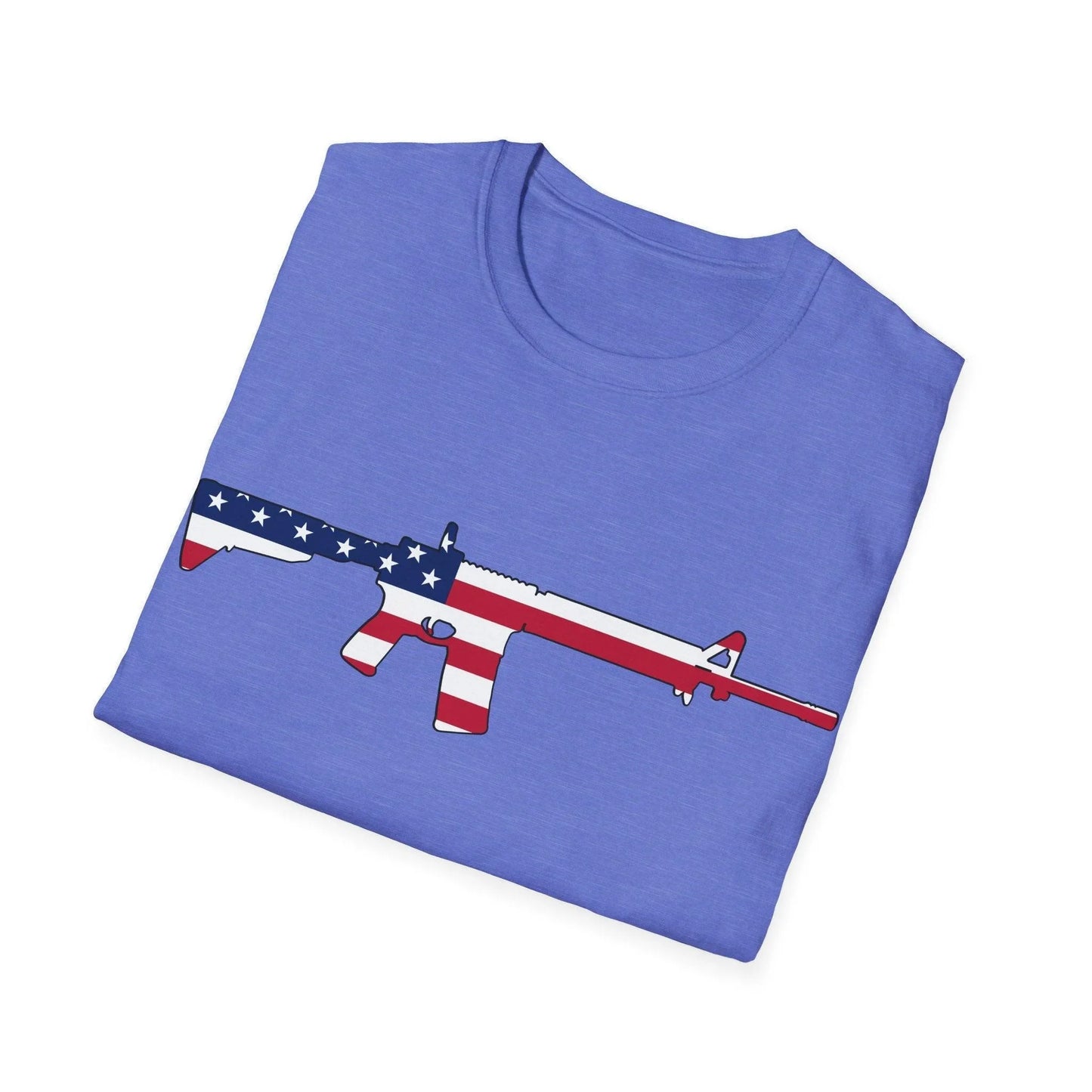 Close-up of the unisex softstyle T-shirt neckline showing reinforced stitching and vibrant American flag color print detail