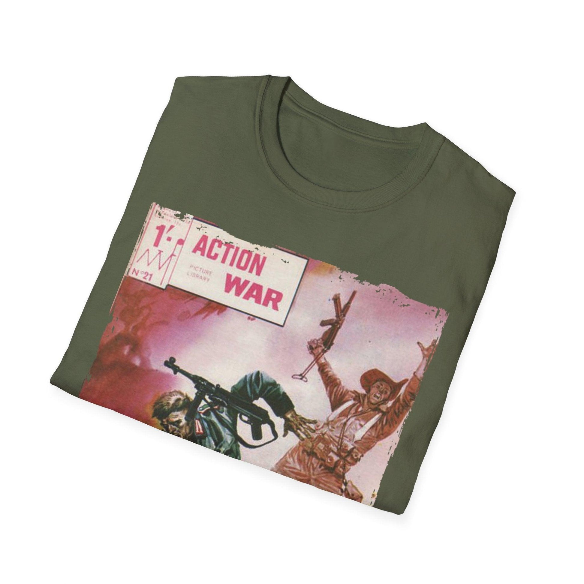 Close-up of the unisex softstyle T-shirt’s woven neck label revealing fabric blend and stitching detail at the collar seam.