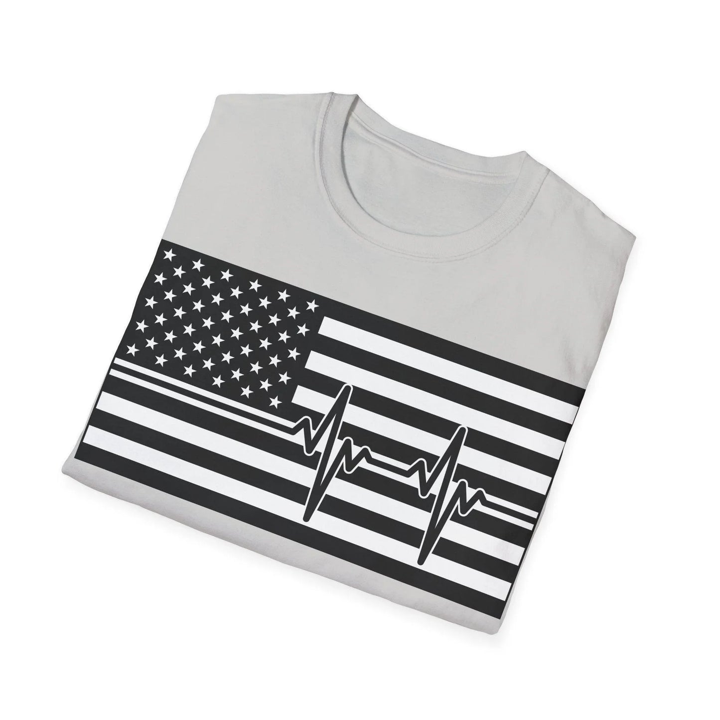 Close-up of the black-and-white heartbeat American flag design on the chest area, highlighting detailed printed pattern on