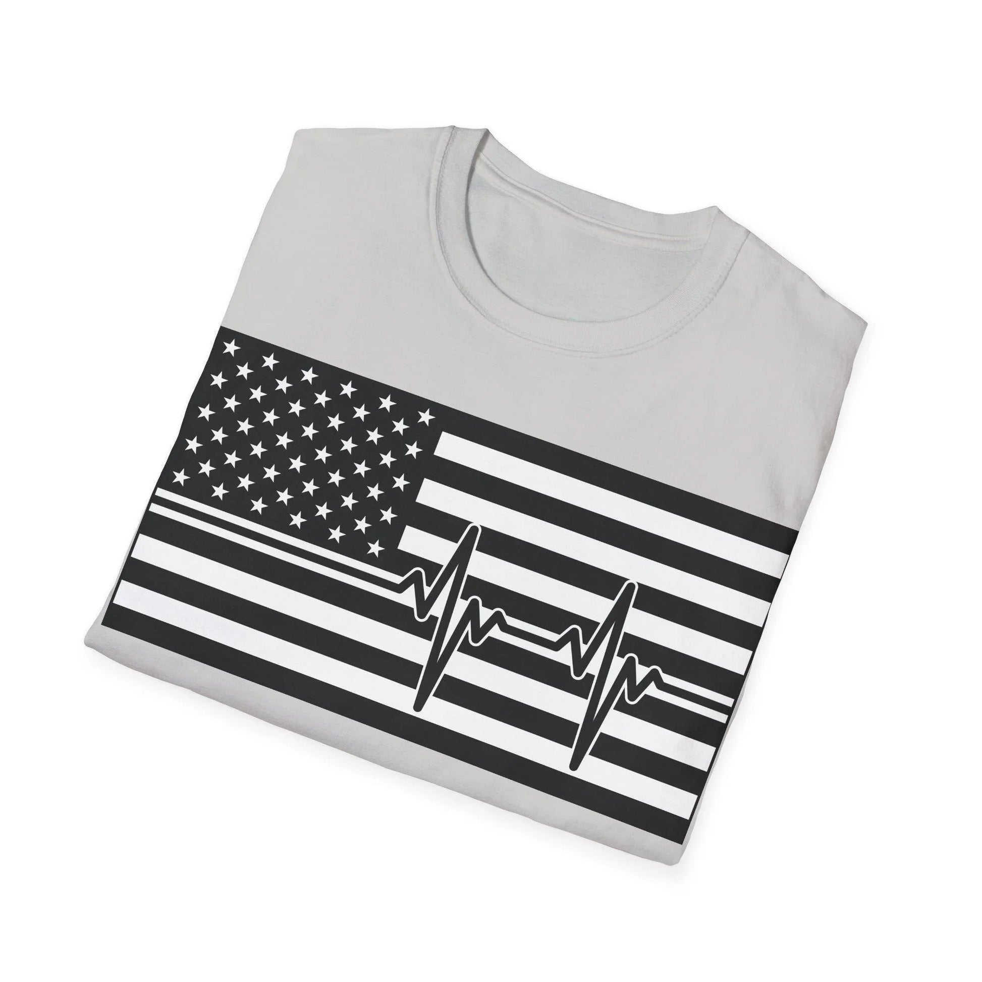 Close-up of the black-and-white heartbeat American flag design on the chest area, highlighting detailed printed pattern on