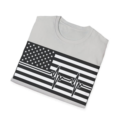 Close-up of the black-and-white heartbeat American flag design on the chest area, highlighting detailed printed pattern on