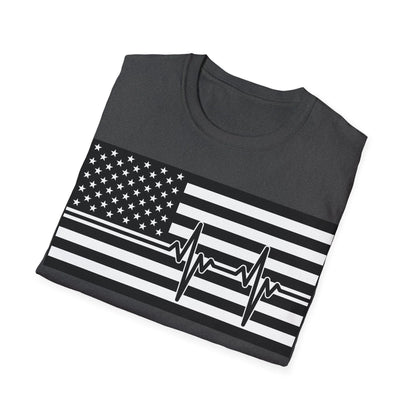 Close-up of the black-and-white American Flag heartbeat graphic on the chest of the unisex softstyle T-shirt, highlighting