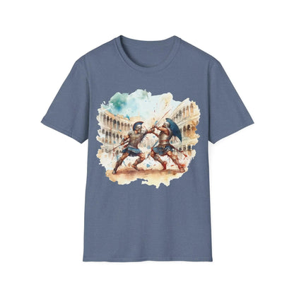 Close-up of the Ancient Gladiators unisex softstyle T-shirt's chest graphic, showing detailed vintage Roman helmet and sword