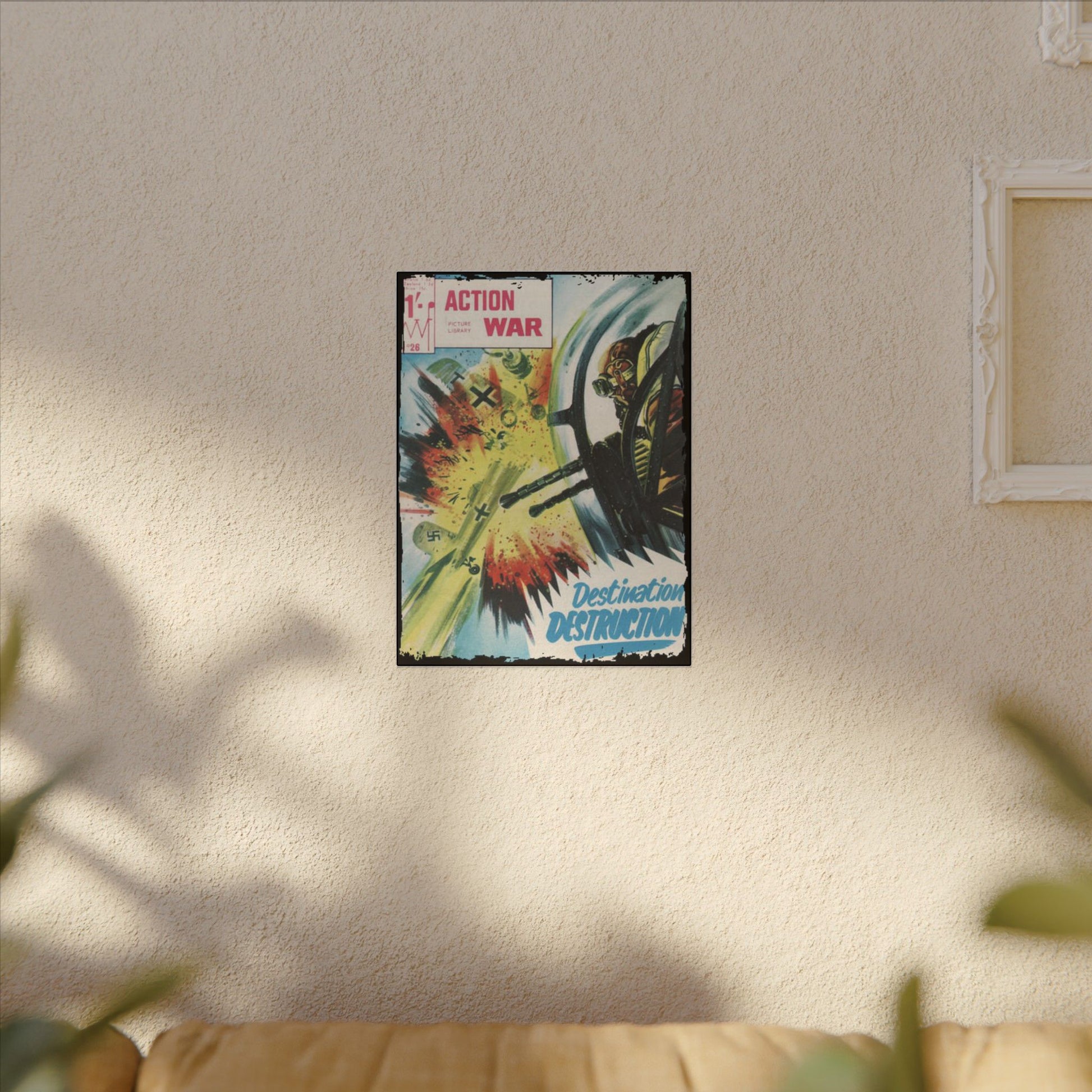 Close-up of the "Action War #26" comic's textured canvas cover highlighting vibrant illustration details and bold color