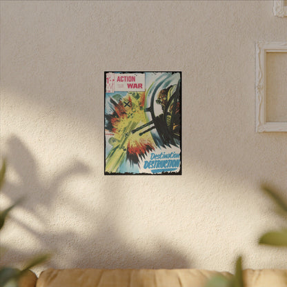 Close-up of the "Action War #26" comic's textured canvas cover highlighting vibrant illustration details and bold color