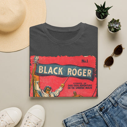 Close-up of the Black Roger No.1 softstyle T-shirt’s relaxed fit sleeve detail and smooth cotton fabric texture from an