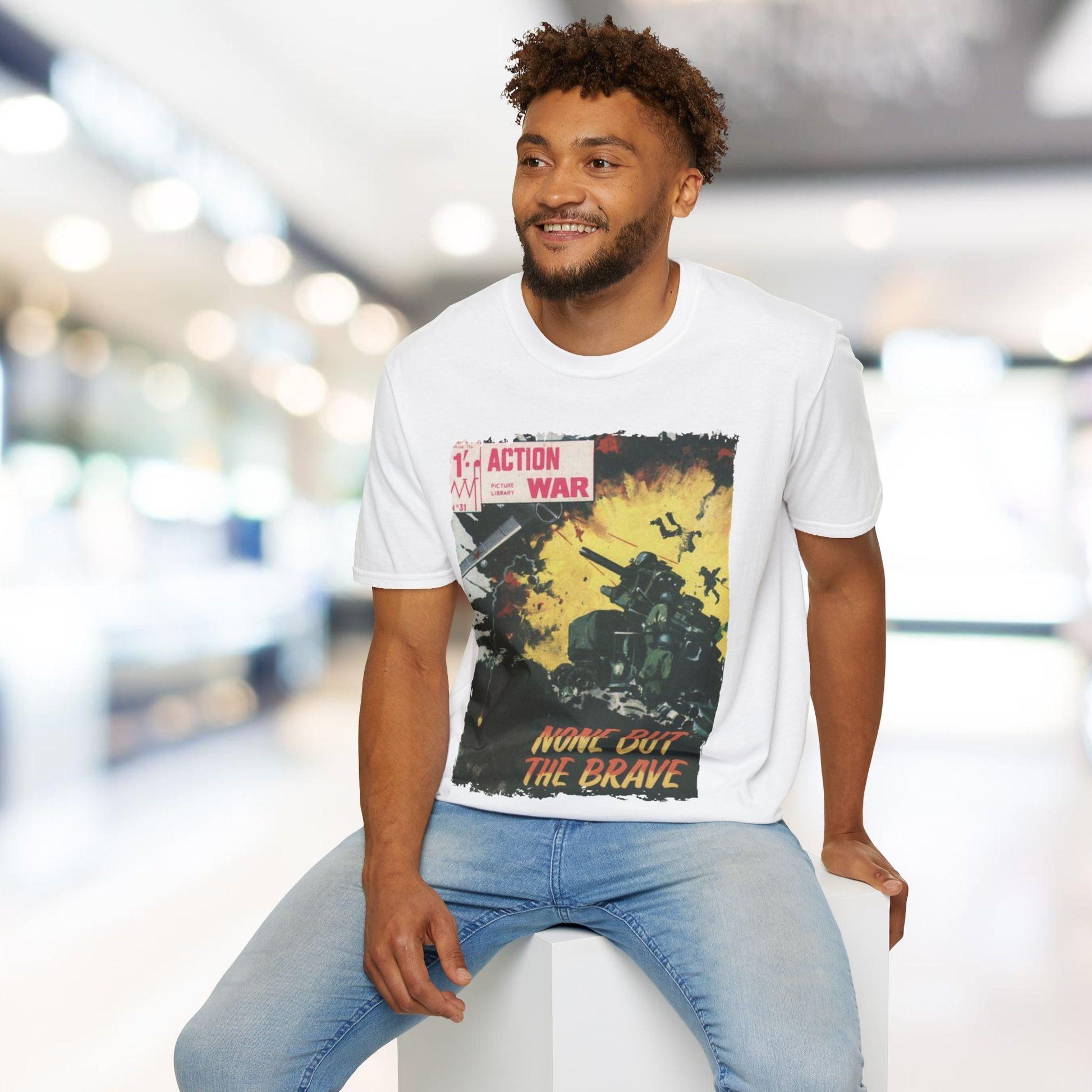 Close-up of the unisex softstyle T-shirt’s collar displaying subtle stitching and smooth crew neckline in vibrant navy color