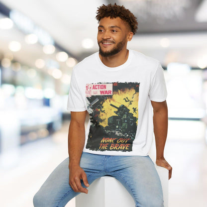 Close-up of the unisex softstyle T-shirt’s collar displaying subtle stitching and smooth crew neckline in vibrant navy color