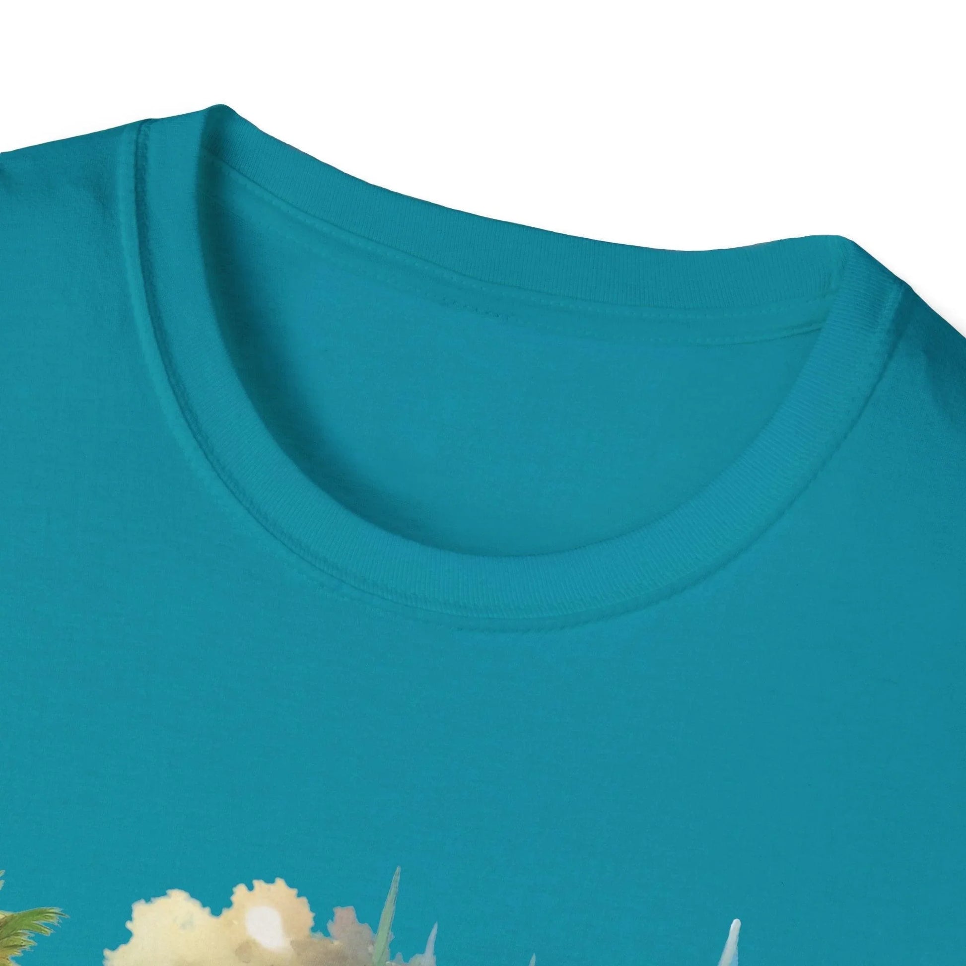 Close-up of the unisex softstyle T-shirt fabric displaying smooth texture and subtle stitching detail, showcasing relaxed