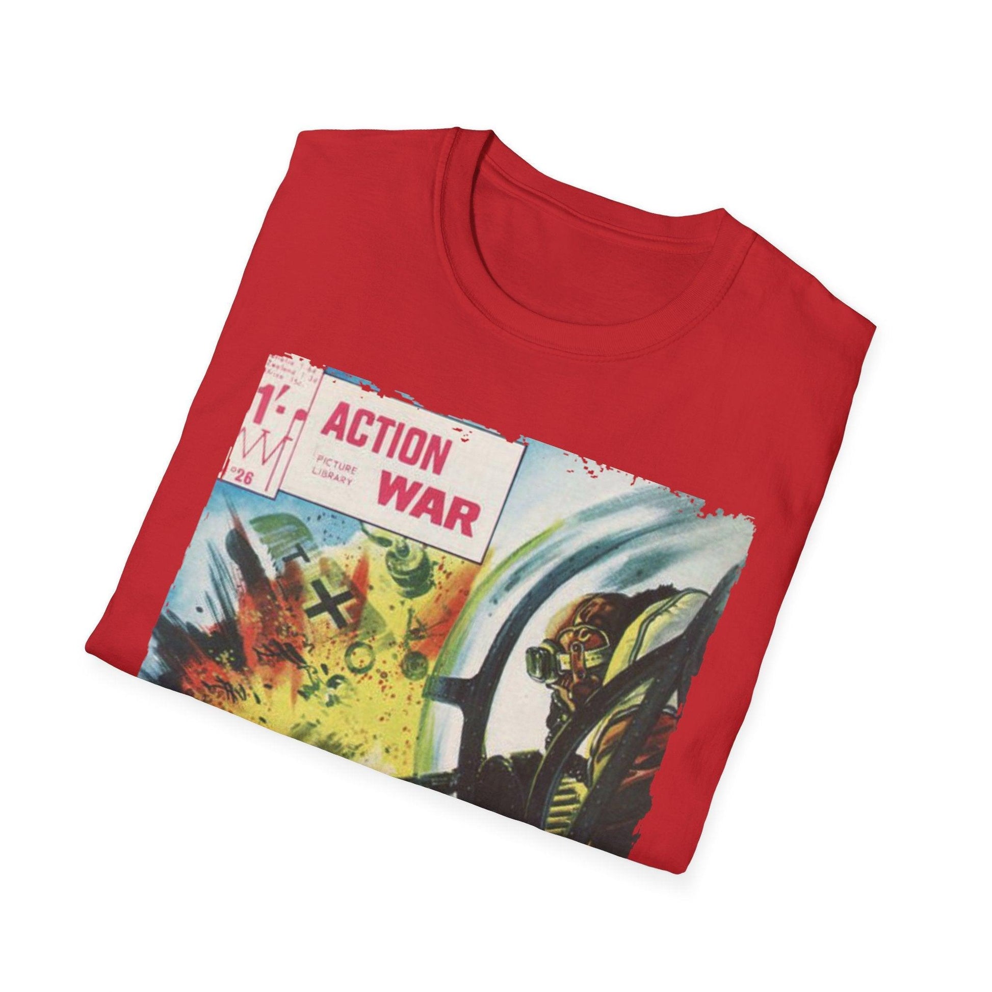 Close-up of the unisex softstyle T-shirt's textured fabric and subtle heather pattern in deep navy, highlighting the relaxed