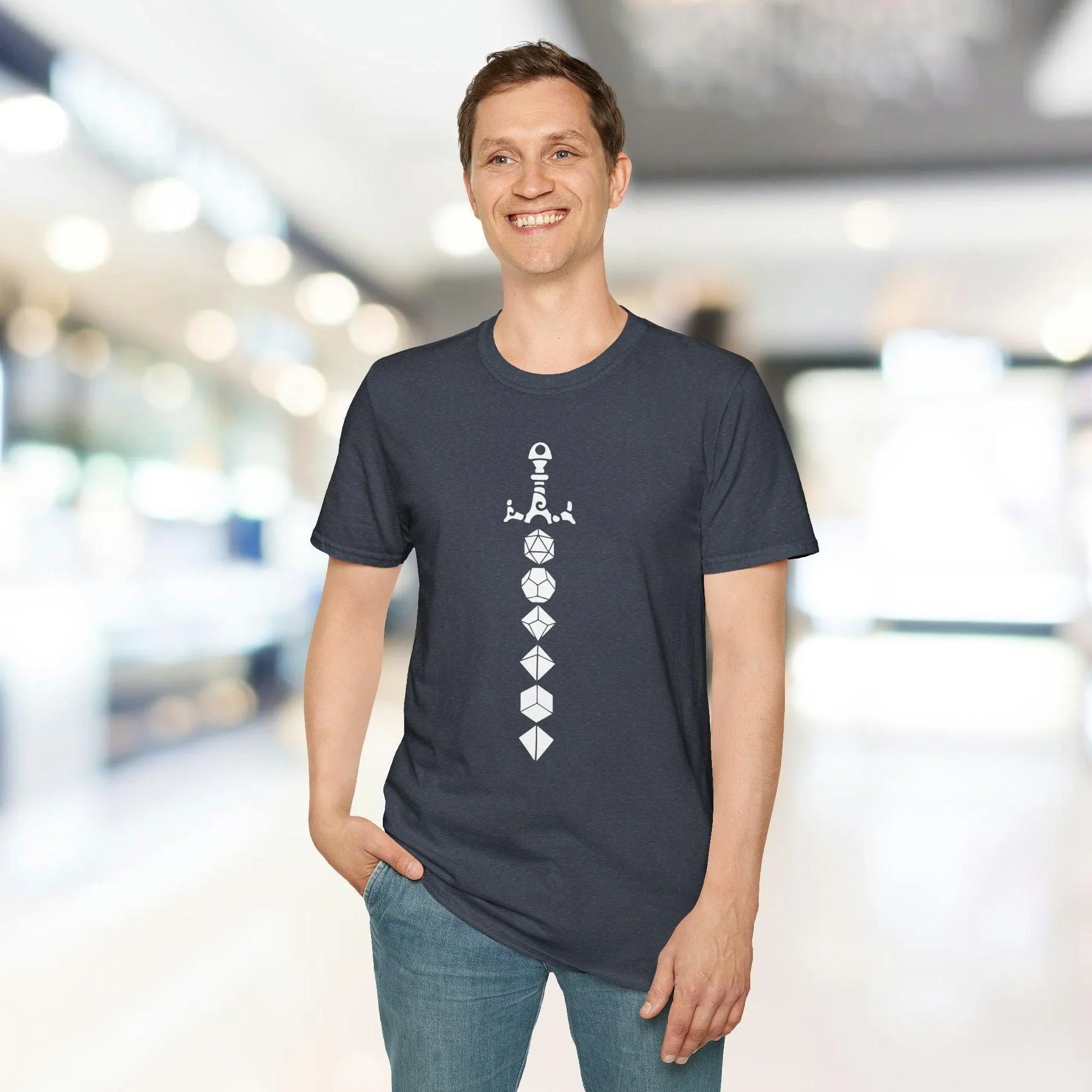 Close-up of the white fabric’s soft texture highlighting the subtle weave and vibrant color of the Dice Sword graphic on the