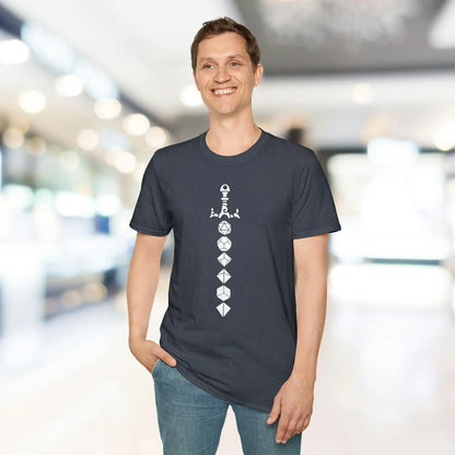 Close-up of the white fabric’s soft texture highlighting the subtle weave and vibrant color of the Dice Sword graphic on the