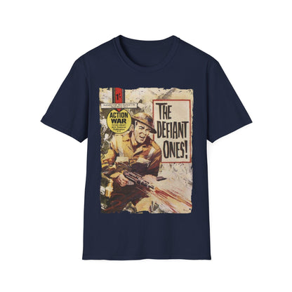 Close-up of the unisex softstyle T-shirt's neckline revealing the subtle stitching and smooth fabric texture in vibrant red