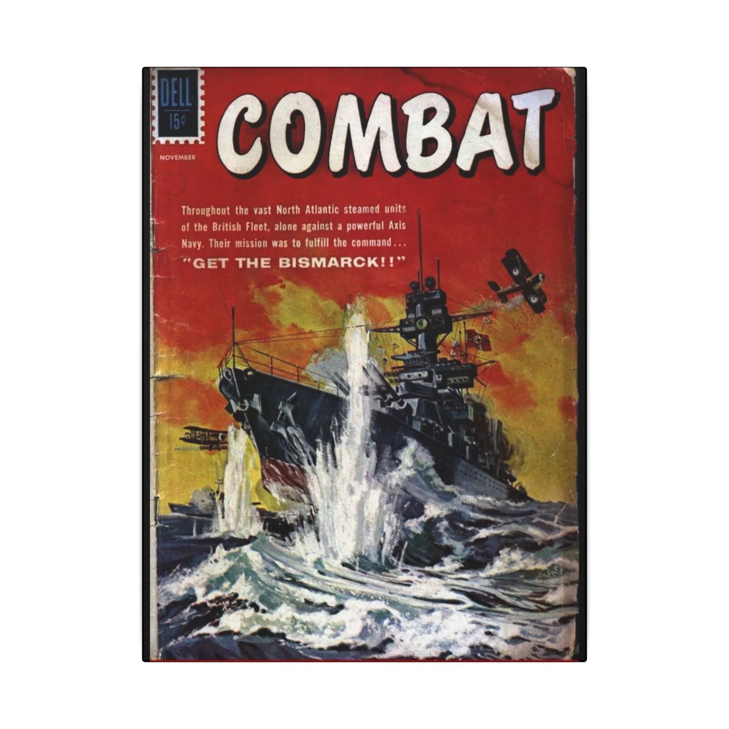 Close-up of the textured canvas material revealing subtle brushstroke details and the "Combat, Nov 1961" inscription in bold