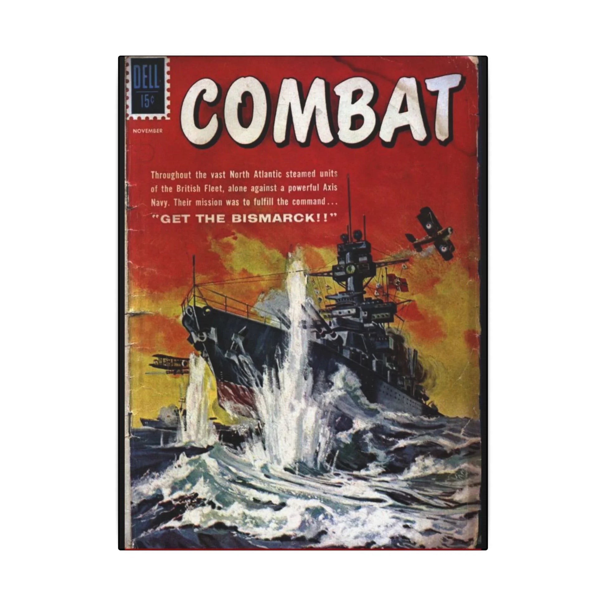 Close-up of the textured canvas material revealing subtle brushstroke details and the "Combat, Nov 1961" inscription in bold