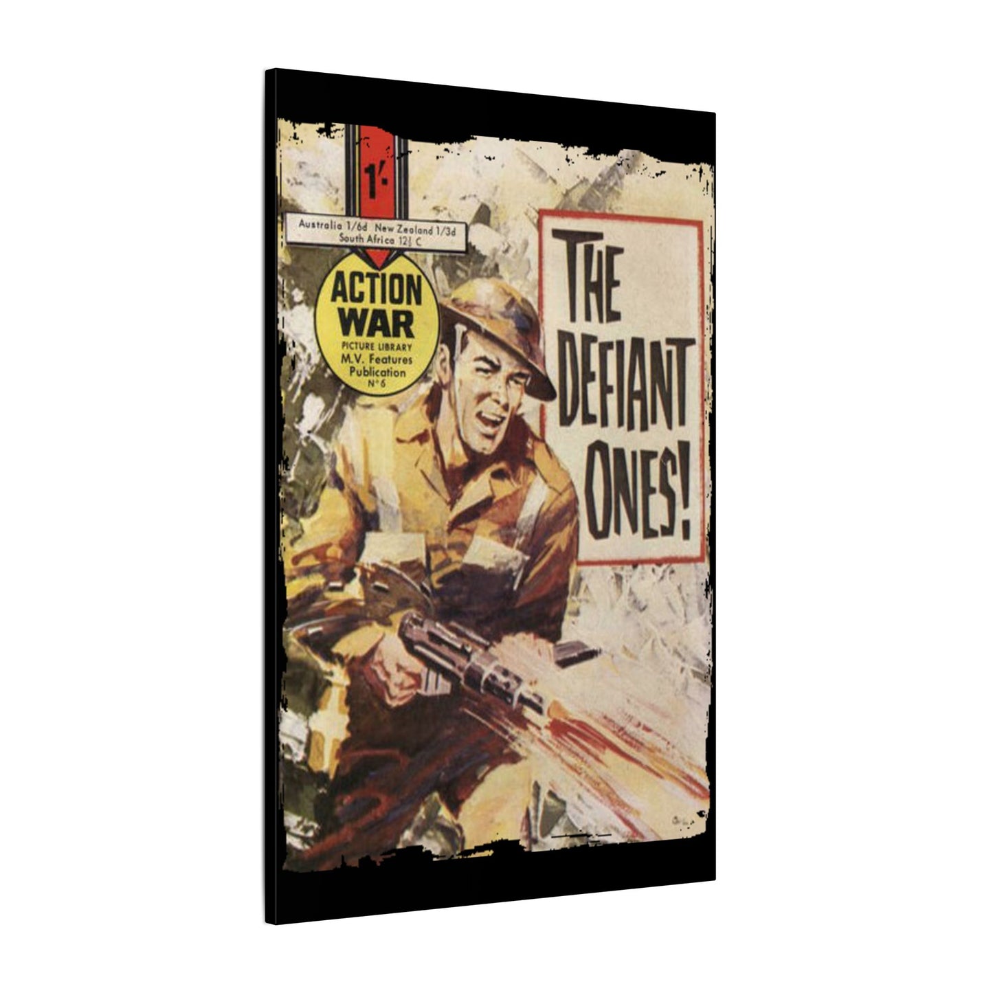 Close-up of the canvas texture highlighting vibrant color depth and fine weave detail of "Action War #6" comic cover art.