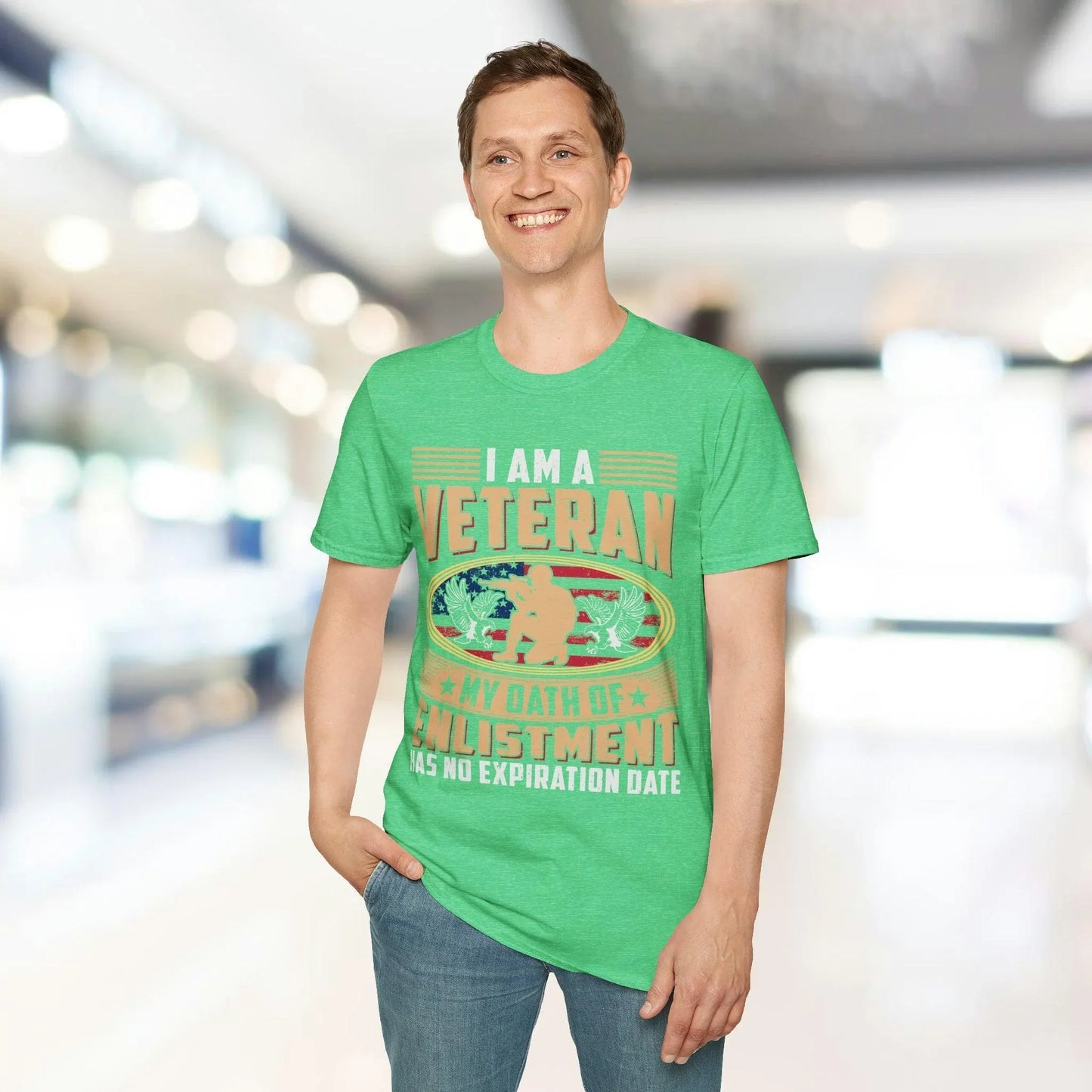 Close-up of the unisex softstyle T-shirt's fabric texture highlighting the smooth, relaxed fit in vibrant blue color from an