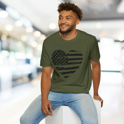 Close-up of the American Heart B&W unisex softstyle T-shirt showing textured black fabric and reinforced neckline stitching