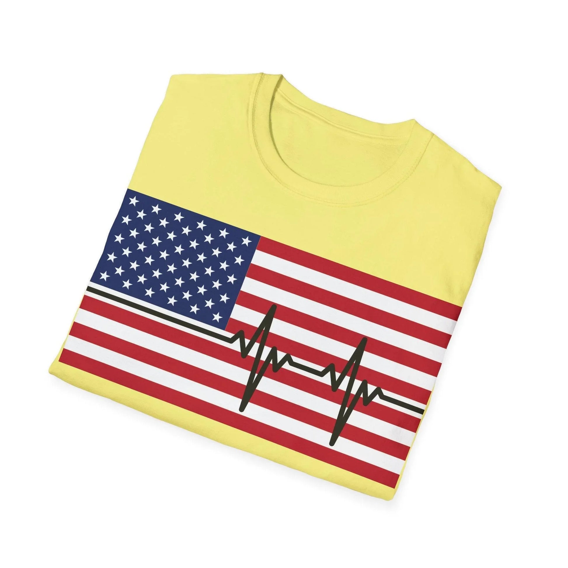 Close-up of the unisex relaxed fit softstyle T-shirt displaying the vibrant American Flag Heartbeat design on smooth cotton