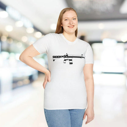 Close-up of black and white American flag eagle design on the front chest of the unisex softstyle T-shirt, highlighting