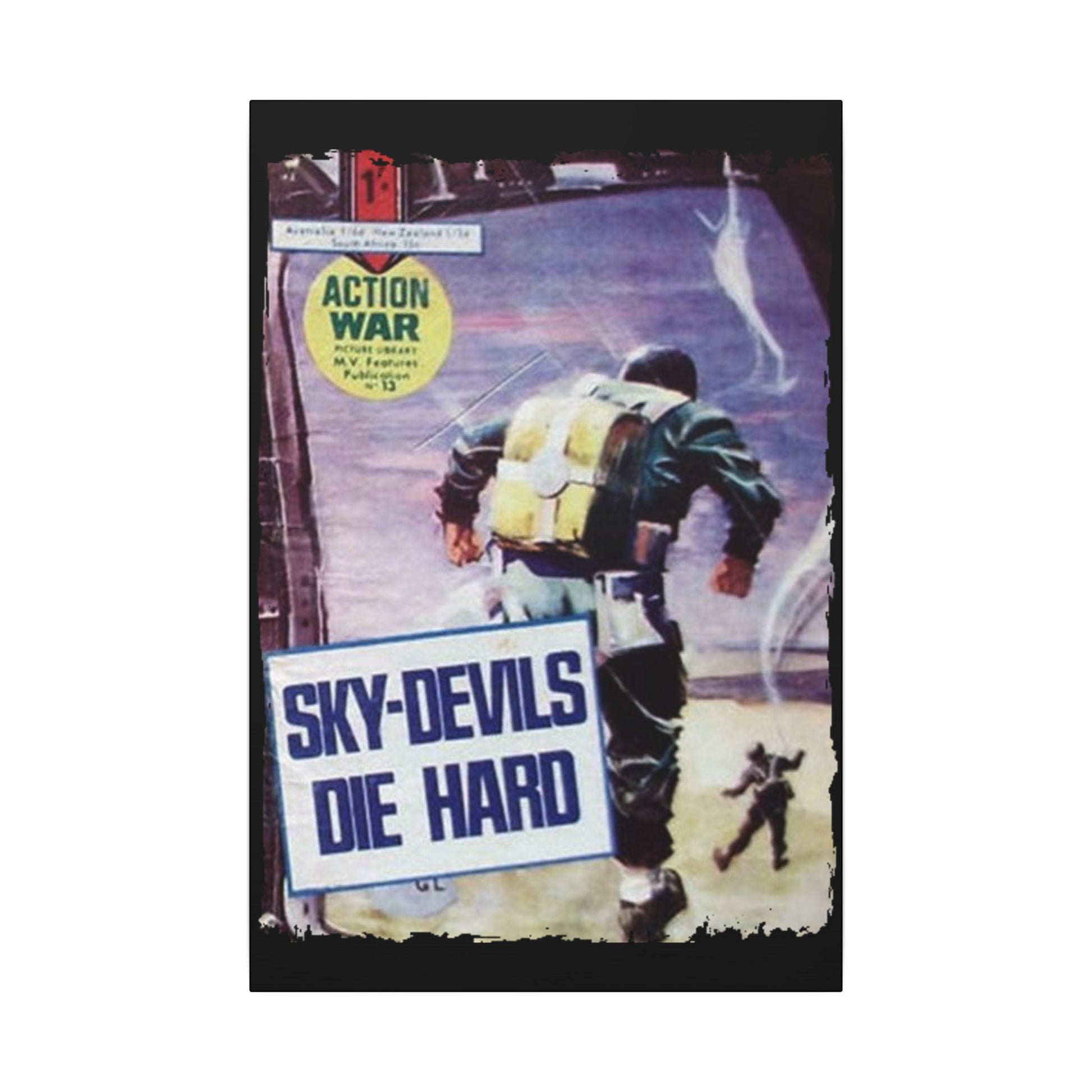 Close-up of the canvas texture featuring vibrant comic book colors and detailed line work from Action War #13.