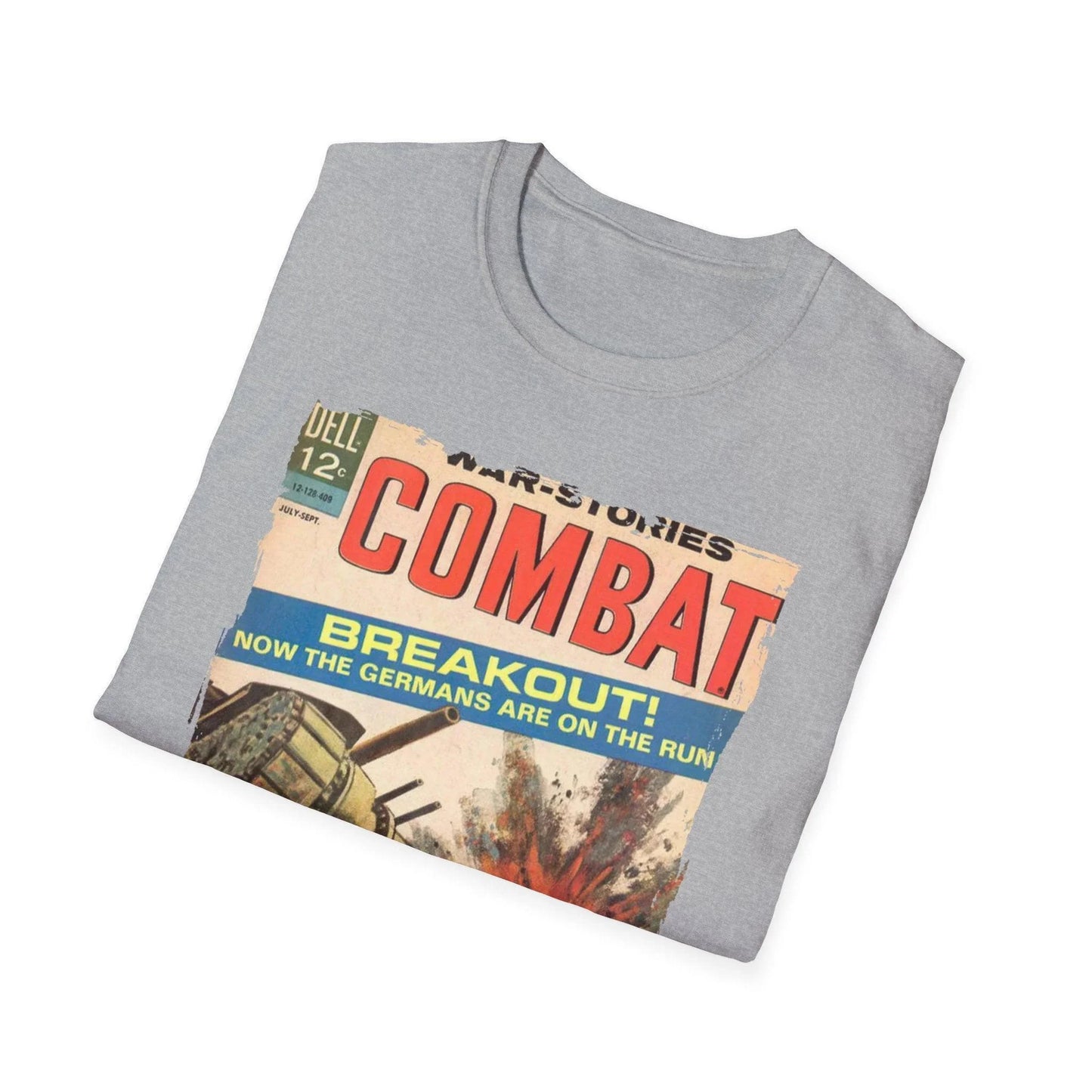 Close-up of the Combat Sept 1964 T-shirt's vibrant front graphic, highlighting bold typography and distressed print texture.