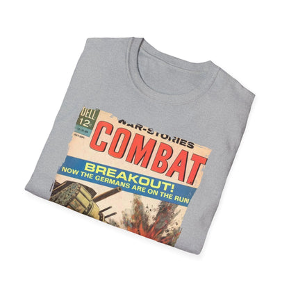 Close-up of the Combat Sept 1964 T-shirt's vibrant front graphic, highlighting bold typography and distressed print texture.