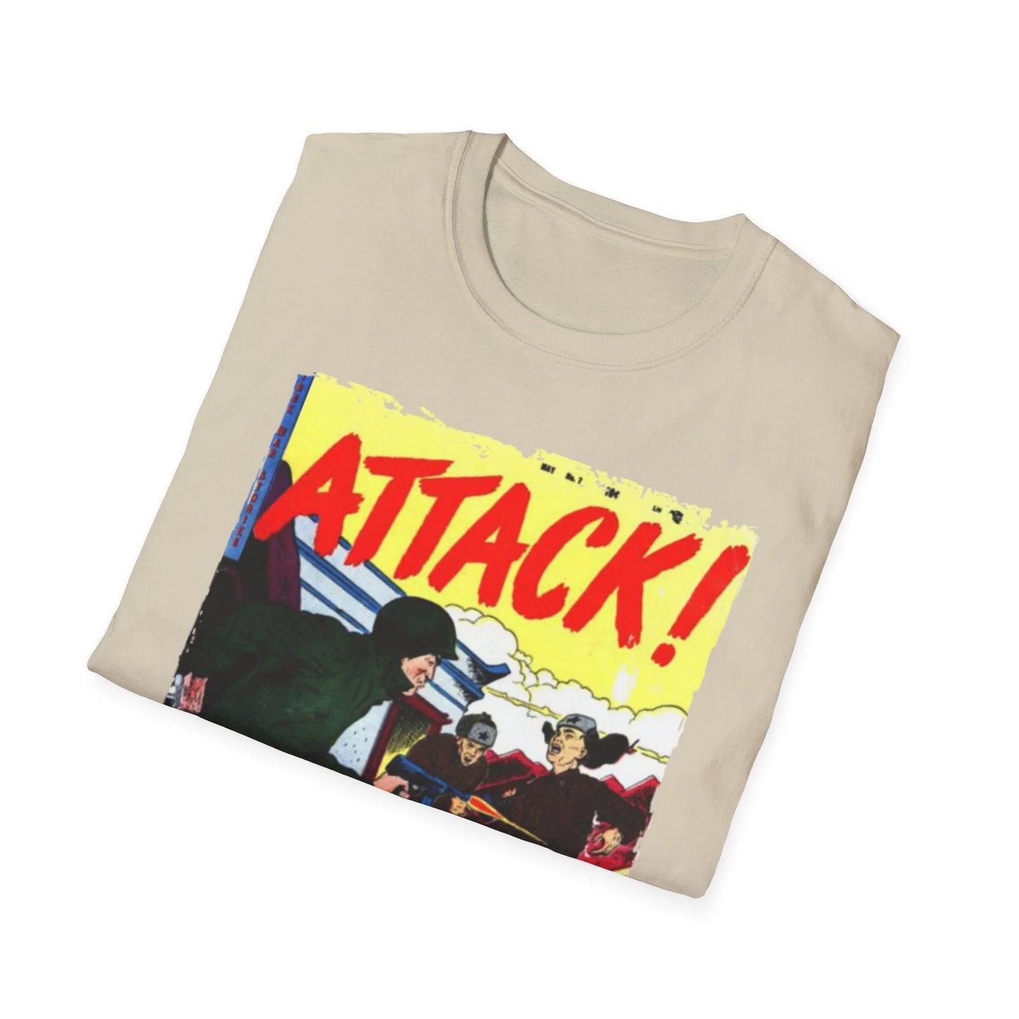 Close-up of the Attack! No. 7 unisex softstyle T-shirt’s navy blue fabric showcasing smooth texture and reinforced