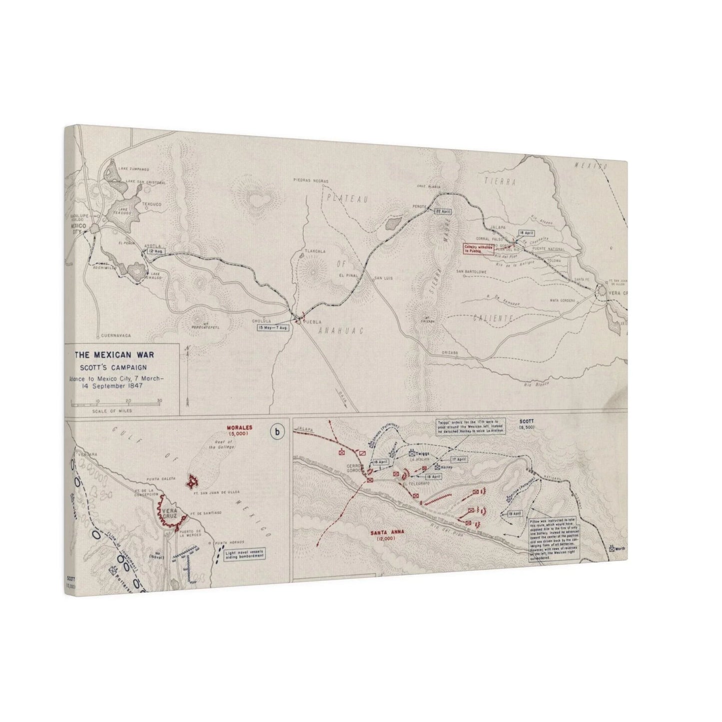 Close-up of the textured canvas highlighting detailed brushstrokes and vintage color tones from the Mexican War, Scott's