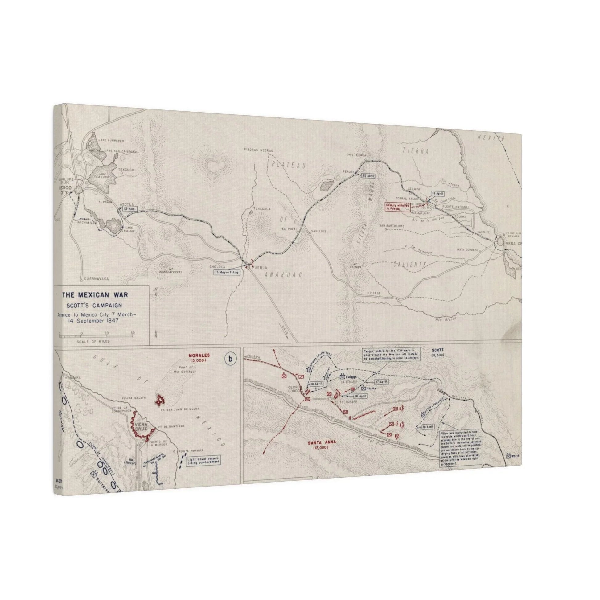 Close-up of the textured canvas highlighting detailed brushstrokes and vintage color tones from the Mexican War, Scott's