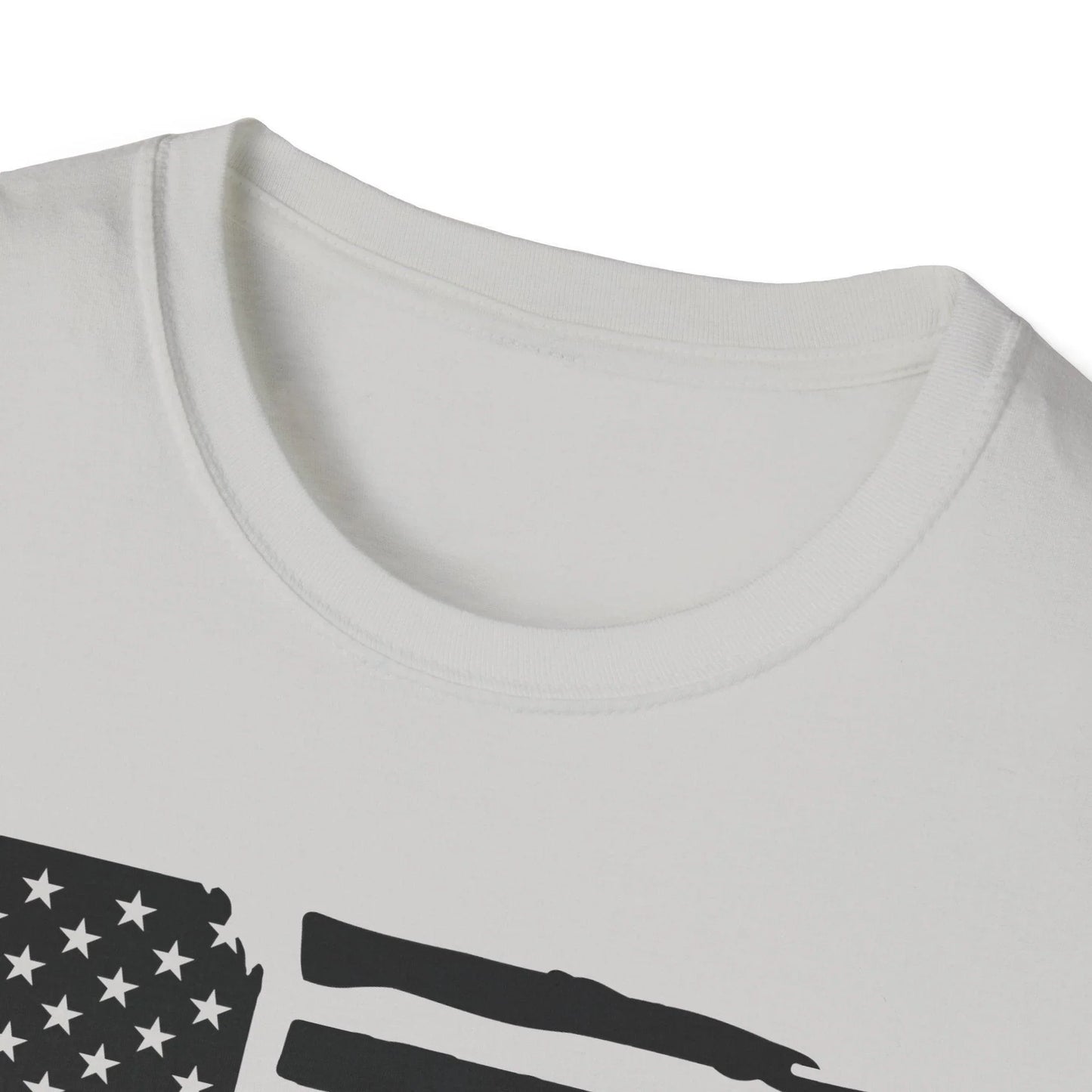 Close-up of distressed American flag design on black and white unisex T-shirt fabric with visible knit texture and subtle