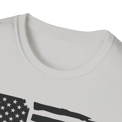 Close-up of distressed American flag design on black and white unisex T-shirt fabric with visible knit texture and subtle