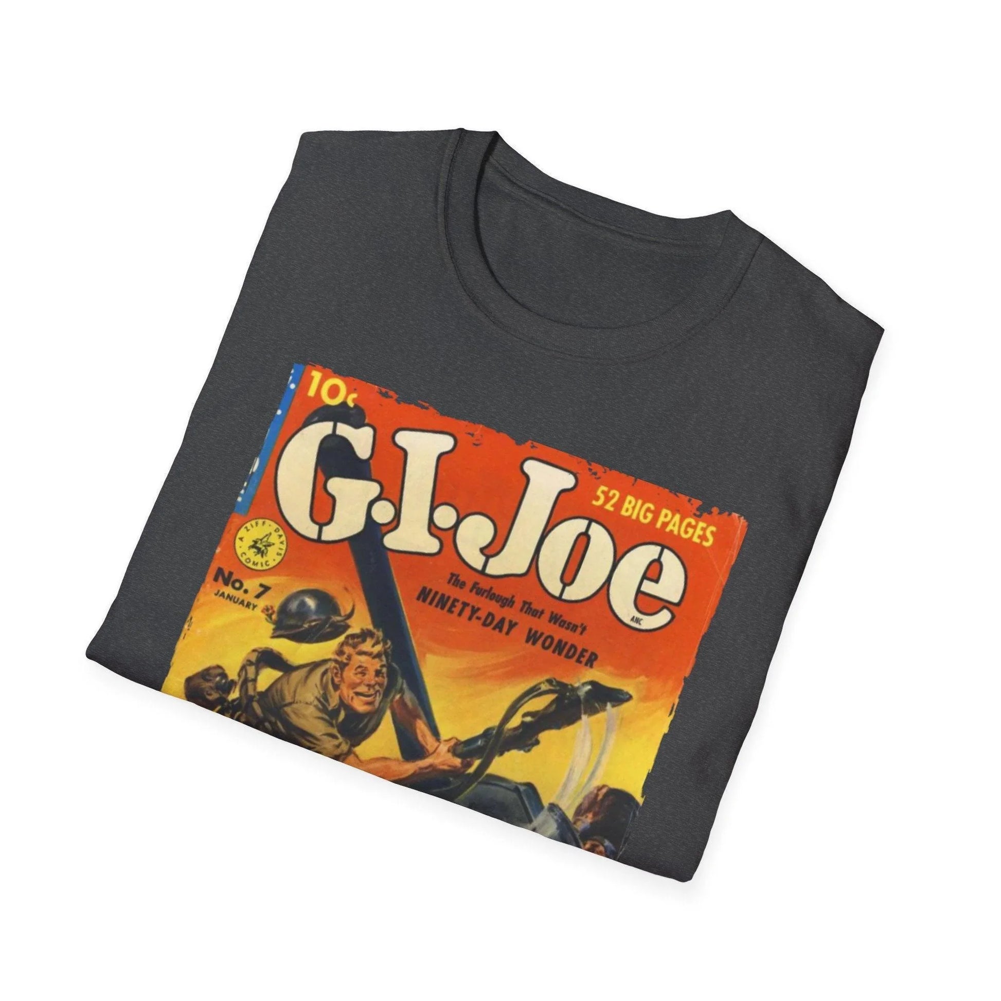 Close-up of the G.I. Joe No.7 unisex softstyle T-shirt fabric showing smooth heathered knit texture and reinforced neckline