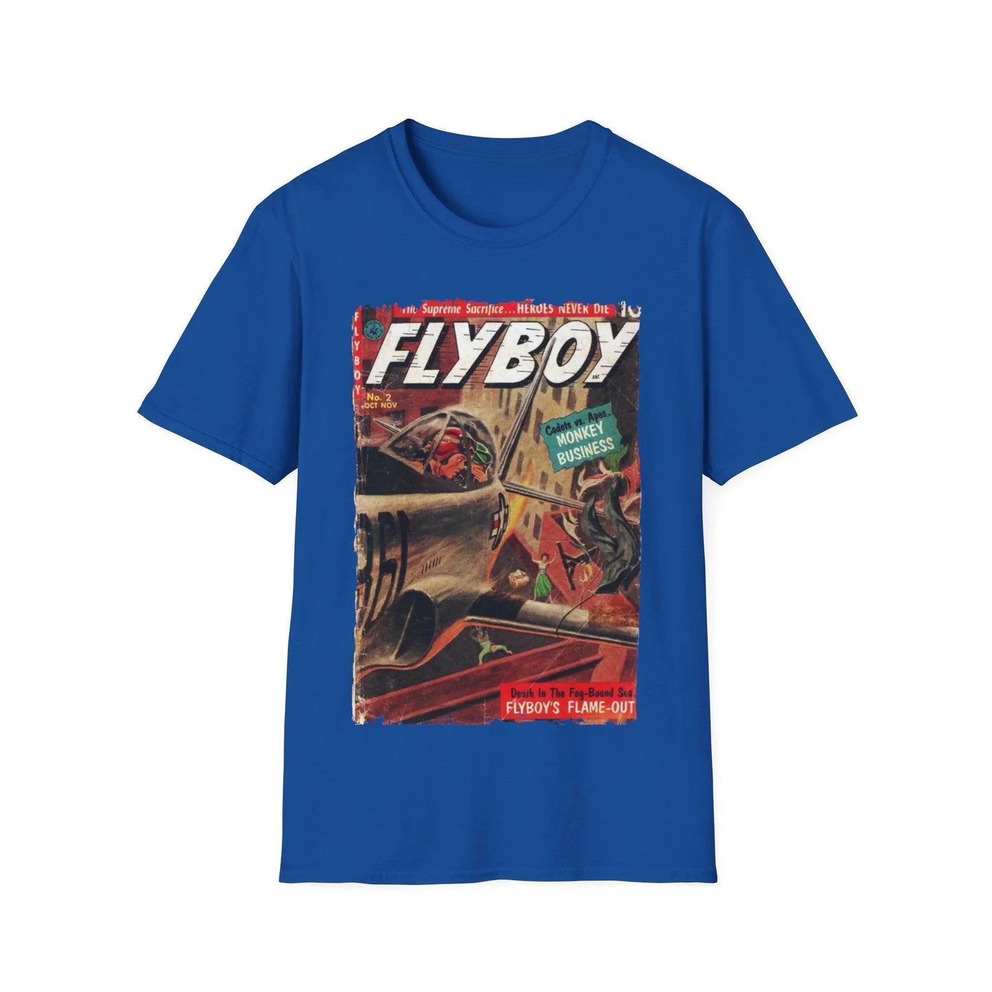 Close-up of the Flyboy No.2 logo printed on the chest in black ink, showcasing the soft cotton fabric and slim fit cut.