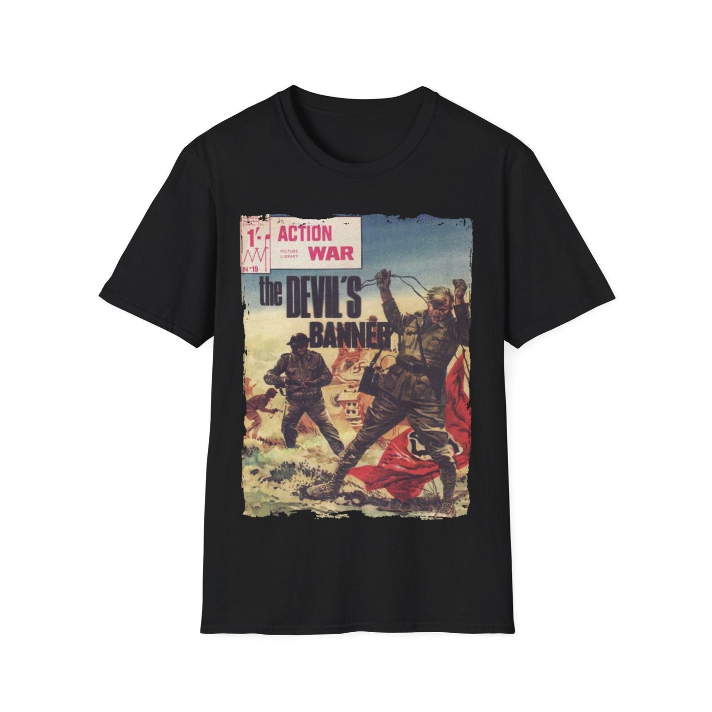 Printify Action War #19 unisex softstyle T-shirt with cotton fabric, crew neck, regular fit, black color, DTG printed design