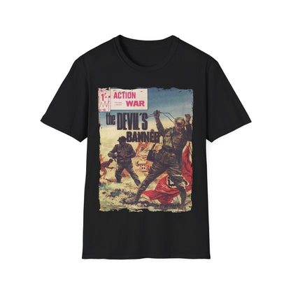 Printify Action War #19 unisex softstyle T-shirt with cotton fabric, crew neck, regular fit, black color, DTG printed design