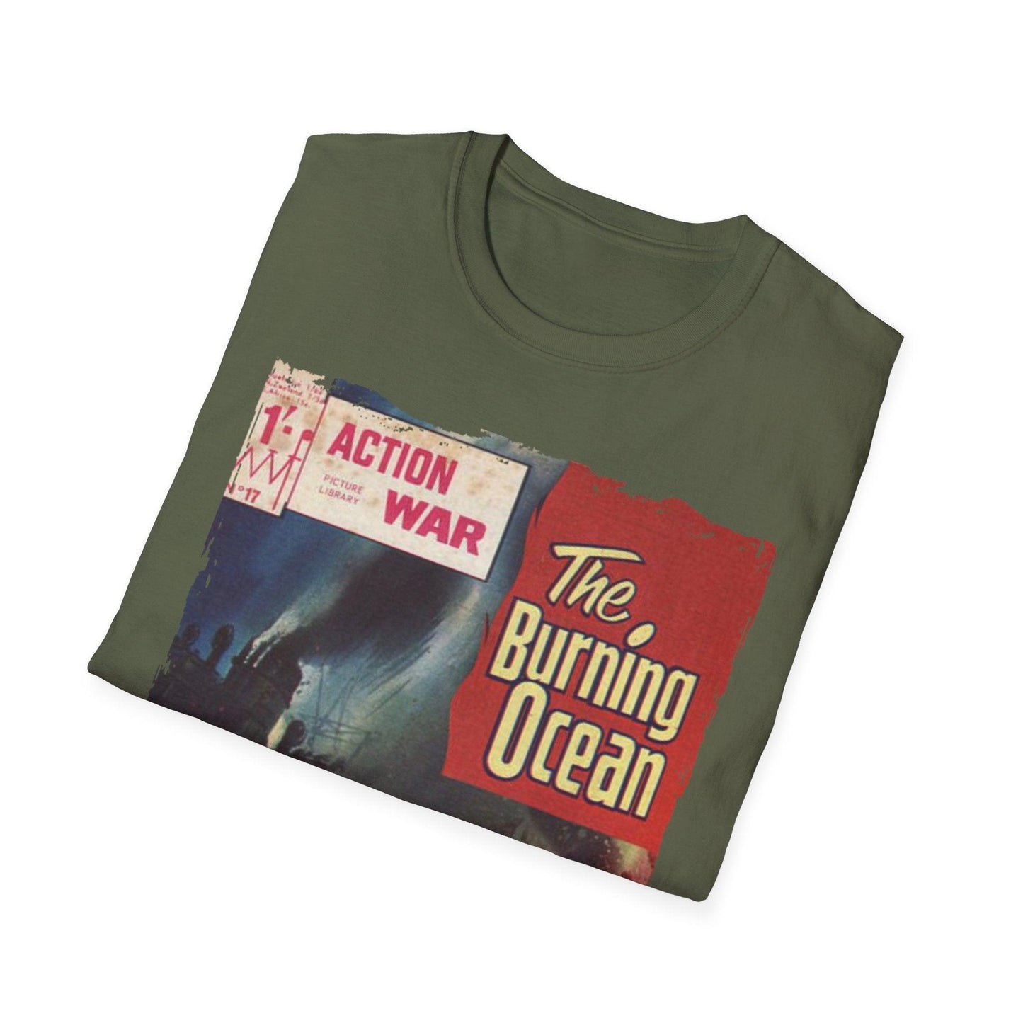 Front neckline detail highlighting the unisex relaxed fit, soft cotton blend fabric, and light blue color of Action War #17