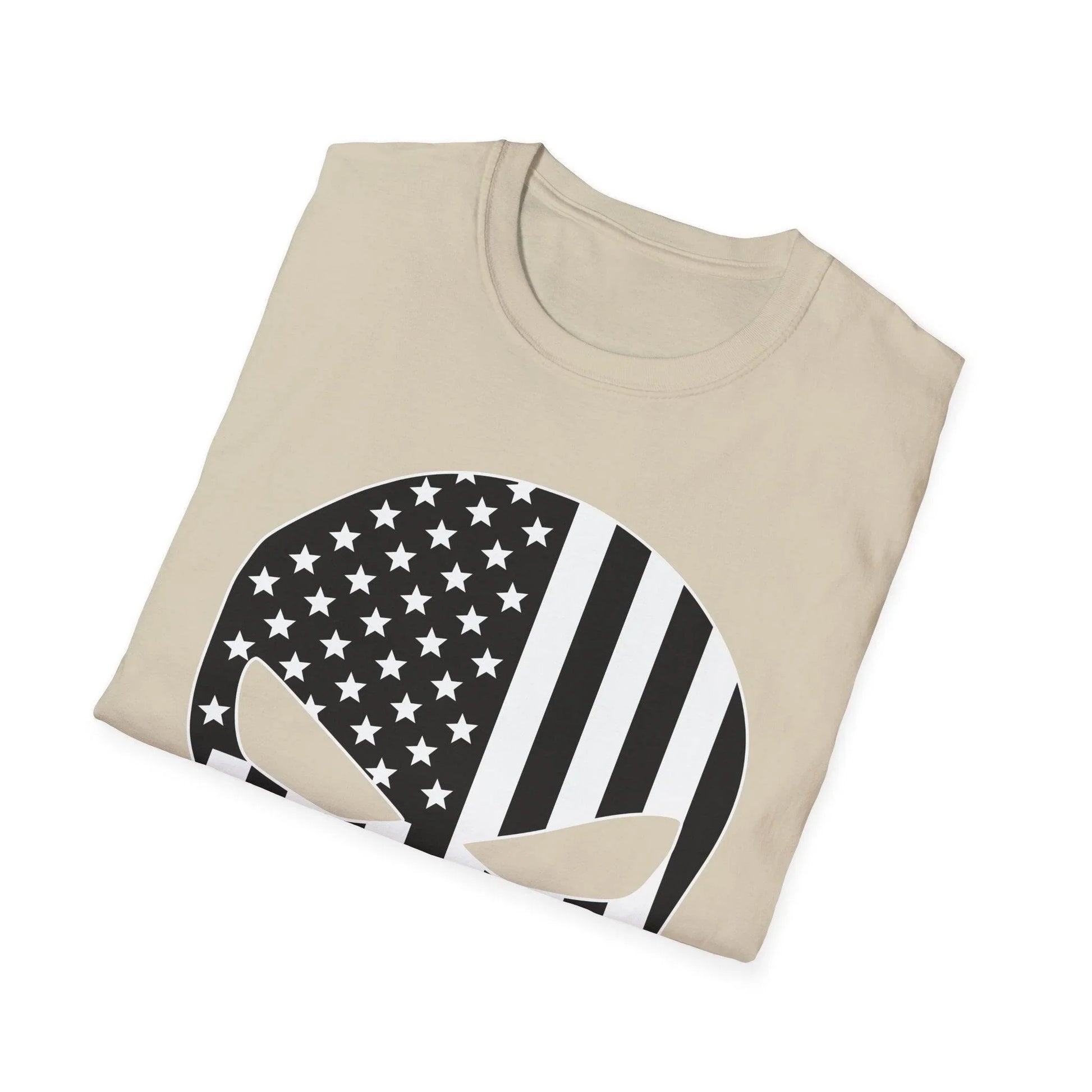 Close-up of the black and white American Skull Flag graphic on soft, slim-fit cotton t-shirt showing intricate print details