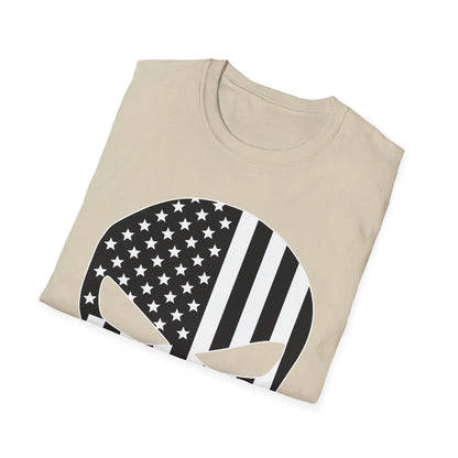 Close-up of the black and white American Skull Flag graphic on soft, slim-fit cotton t-shirt showing intricate print details