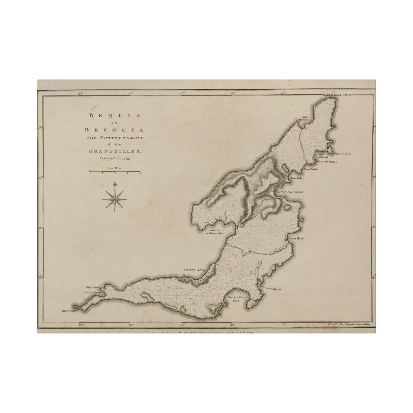 Printify canvas print of Bequi or Becouya, northernmost of the Grenadines, with eco-friendly matte finish, wood frame, and