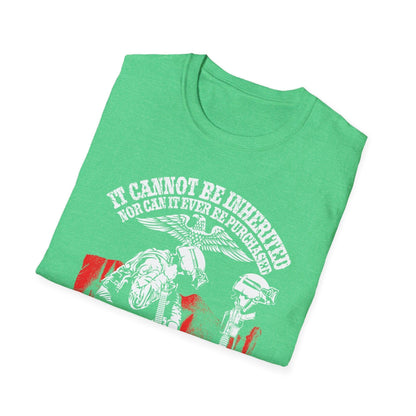 Close-up of the unisex softstyle T-shirt's crew neckline and smooth fabric texture in deep navy color from a front quarter