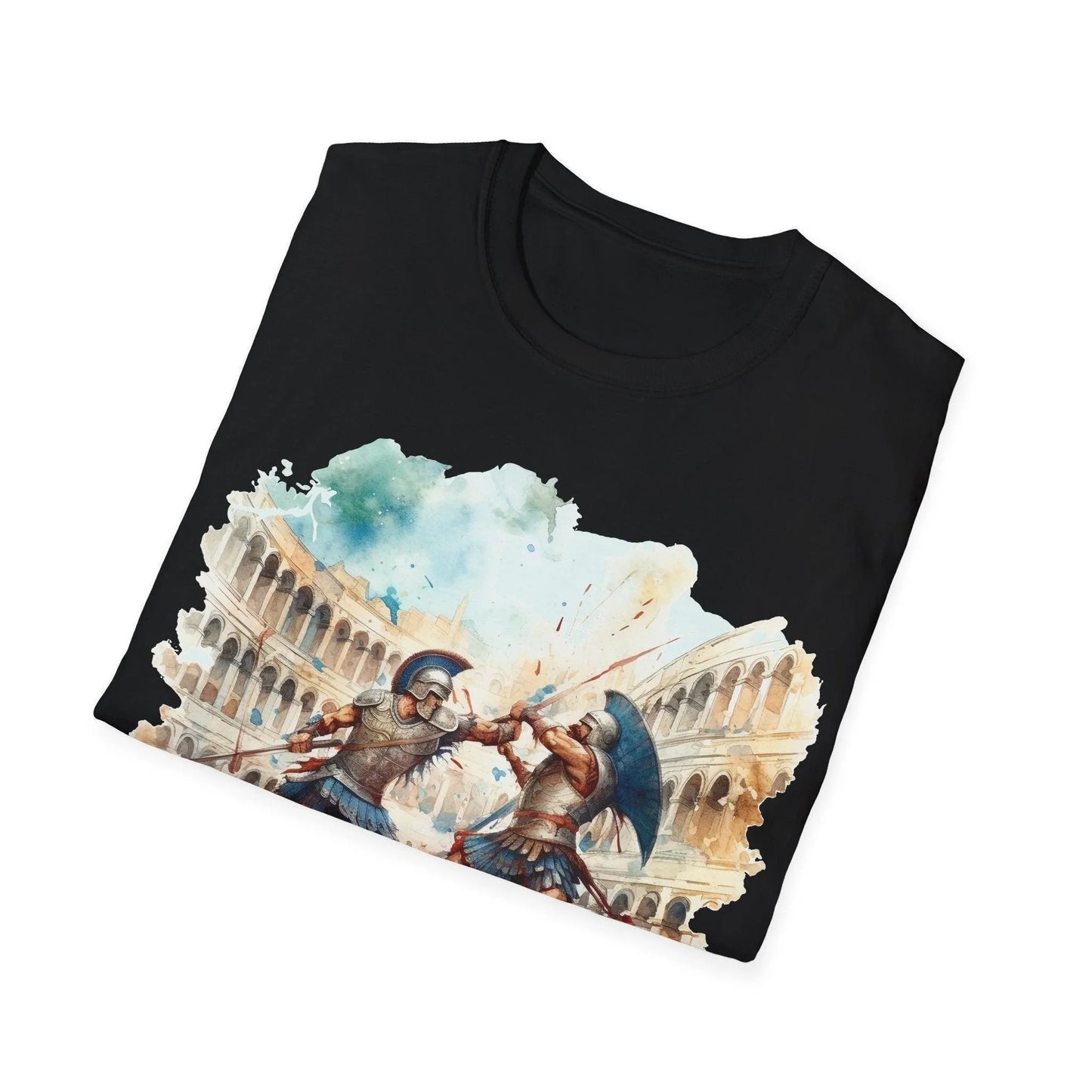 Close-up of the unisex softstyle T-shirt’s navy fabric showcasing subtle vintage gladiator print at chest pocket angle