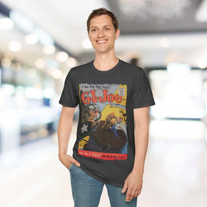 Close-up of the G.I. Joe No.47 softstyle label sewn onto the forest green, relaxed fit T-shirt's lightweight cotton fabric.