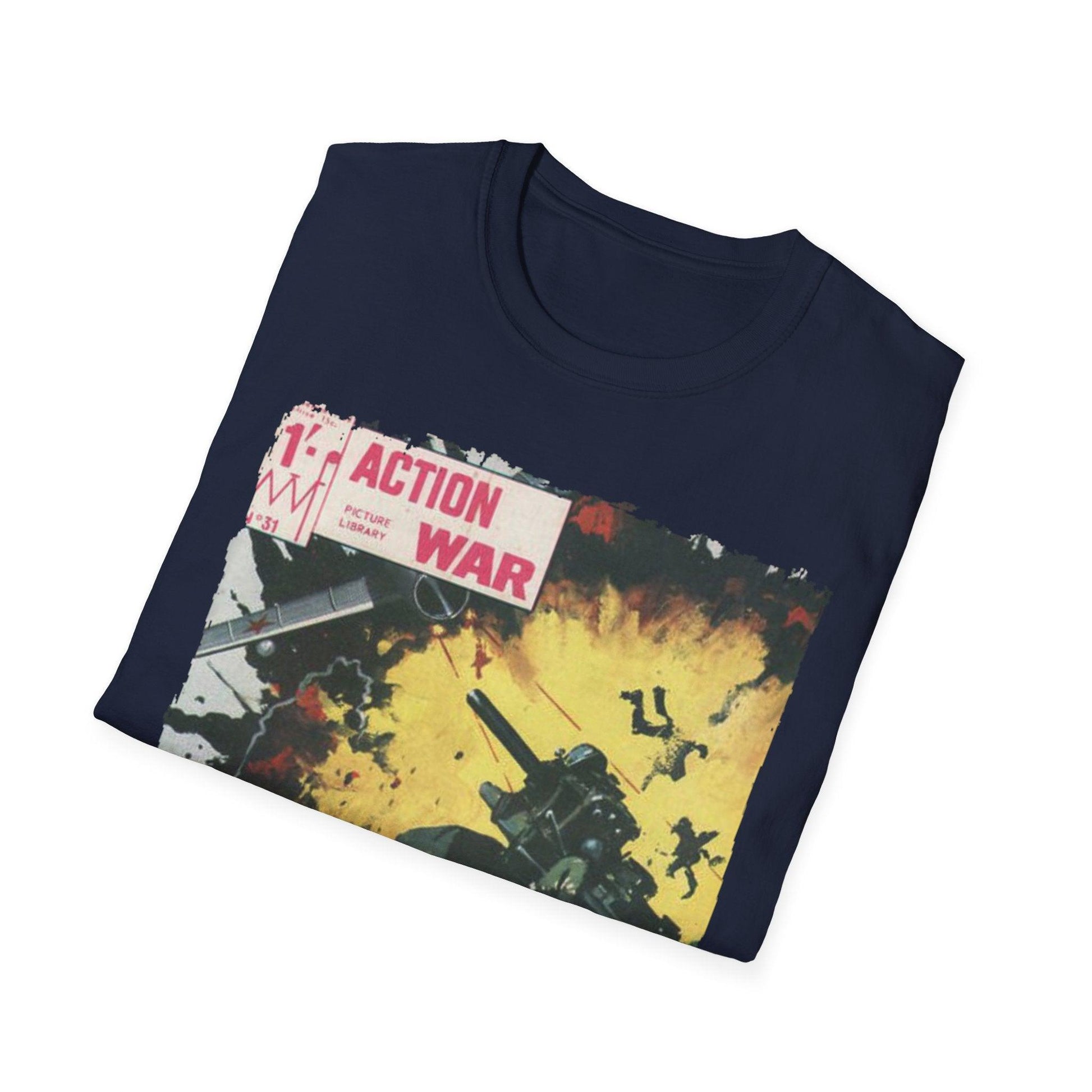 Close-up of the unisex softstyle fabric showing subtle heathered texture and relaxed fit neckline detail in dark navy color.